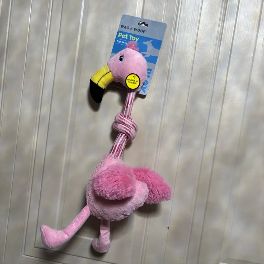 Wag And Woof Flamingo & Tug Dog Puppy Toy with Handle 18” Whit Squeak